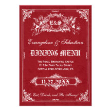 Tarjetas del menú del boda del guión del cuento de anuncios personalizados