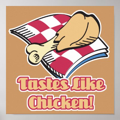 Fried chicken drumstick on a picnic blanket with saying: Tastes like chicken 