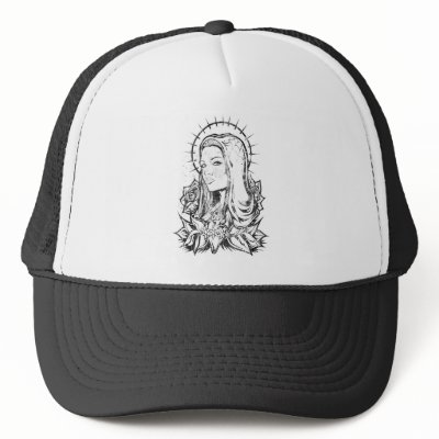 Tattoo based Virgin Mary Trucker Hats by JoeyKnuckles. Virgin Mary done in a new school flash tattoo style.