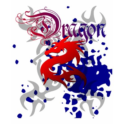 Blue and red dragon hoodie with tattoo background.