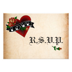 Tattoo Heart and Rose Wedding RSVP Cards Custom Invites