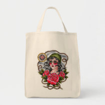 Tattooed Sailor Girl Grocery Tote bags