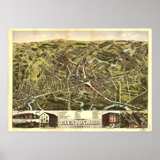 Taunton Massachusetts 1875 Antique Panoramic Map Poster