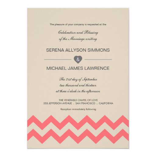 Taupe and Coral Chevron Wedding Invitations (front side)