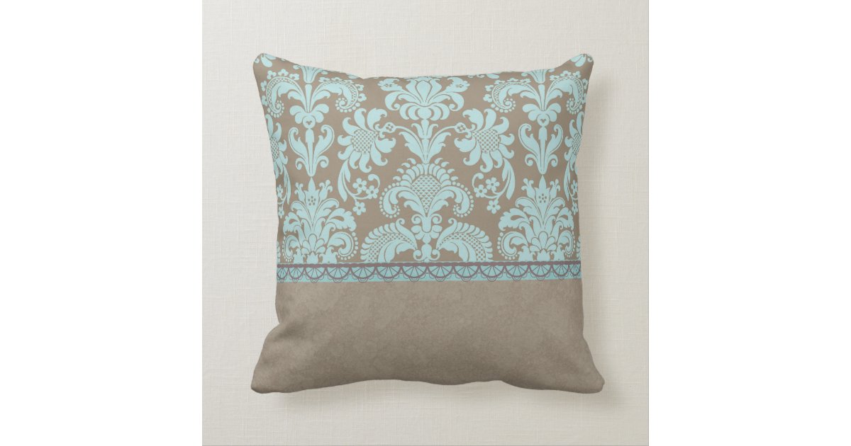 Taupe and Turquoise Damask Throw Pillow Zazzle