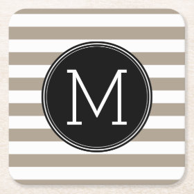 Taupe and White Striped Pattern Black Monogram Square Paper Coaster