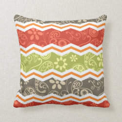 Taupe, Red, Green, and Orange Paisley Chevron Pillow