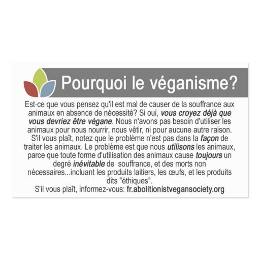 TAVS "Why veganism?" Business Cards in French (back side)