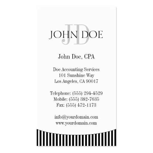 Tax Accountant/CPA Monogram B/W Stripes Business Card Template (back side)