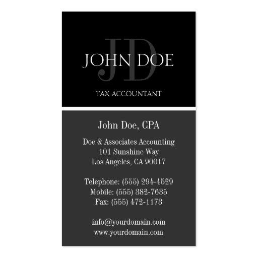 Tax Accountant/CPA Monogram Black/Dark Grey Business Card (back side)