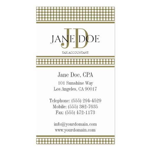 Tax Accountant/CPA Monogram Dot Gold/White Paper Business Card Template (back side)