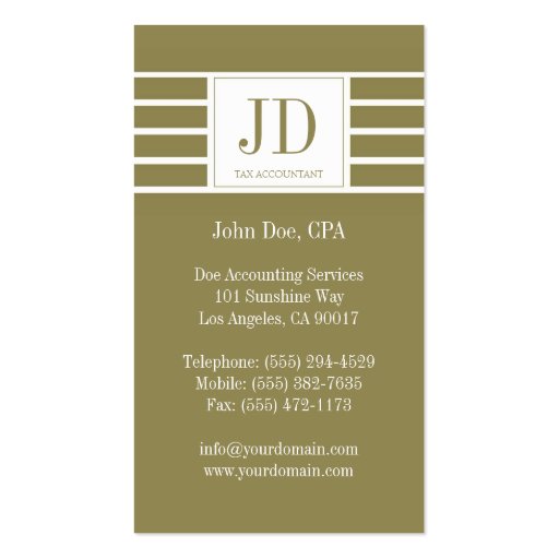 Tax Accountant/CPA Monogram/Striped Business Cards (back side)