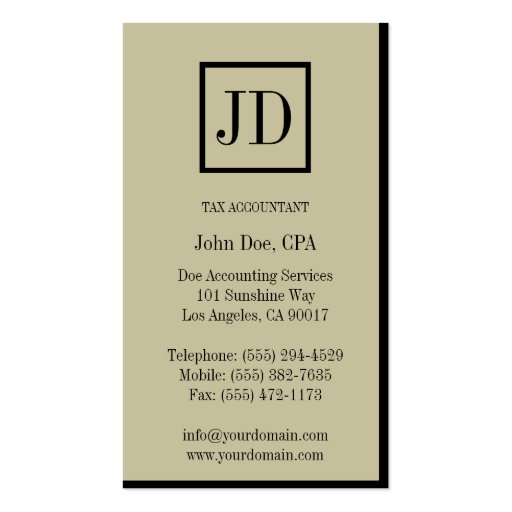 Tax Accountant Square Monogram Tan Black Business Cards (back side)