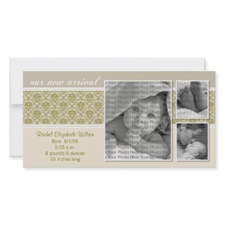 {TBA} 8x4 Taupe Baroque 3-Photo Birth Announcement photocard