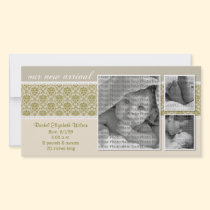 {TBA} 8x4 Taupe Baroque 3-Photo Birth Announcement photo cards