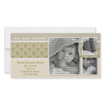 {TBA} 8x4 Taupe Baroque 3-Photo Birth Announcement Personalized Photo Card
