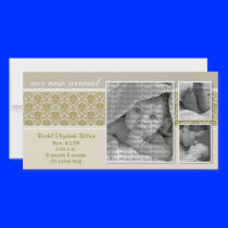 {TBA} 8x4 Taupe Baroque 3-Photo Birth Announcement Personalized Photo Card