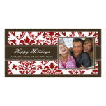 {TBA} Elegant Brown & Red Damask Happy Holidays Photo Card
