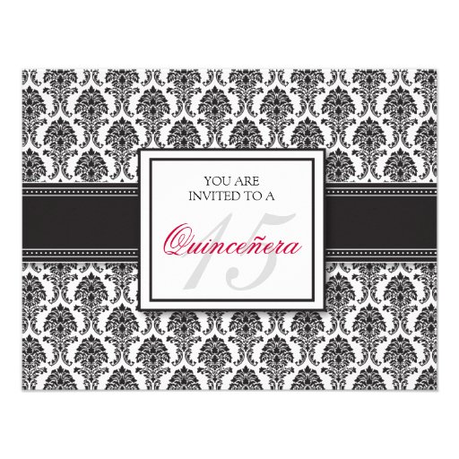 {TBA} ENGLISH Black Damask Quinceanera Invitation