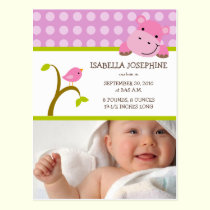 {TBA} Hippo & Birdie Baby Girl Birth Announcement postcards