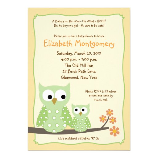 {TBA}HOOT OWLS Green Neutral Baby Shower 5x7 Personalized Announcement (front side)