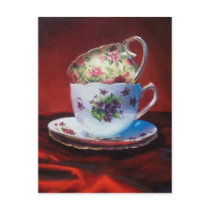 Tea Cups and Red Satin Postcard
