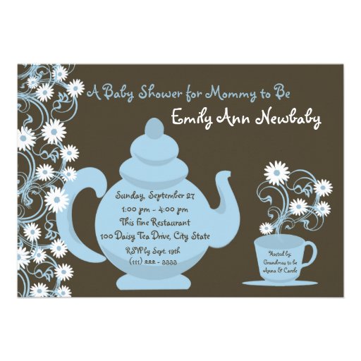 Tea Party Baby Shower Blue and Brown Personalized Announcement