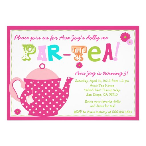 Tea Party Birthday Invitation for Girls and Dolly