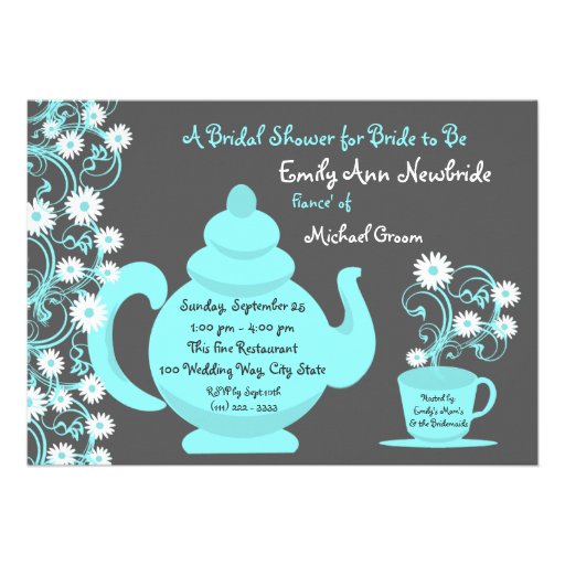 Tea Party Bridal Shower Aqua and Slate Personalized Invites