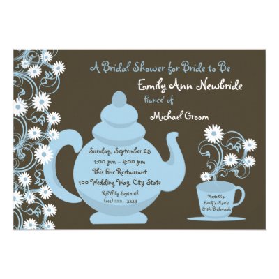 Tea Party Bridal Shower Blue and Brown Custom Invitation