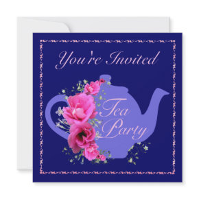Tea Party Invitations Teapot and Pink Flowers invitation