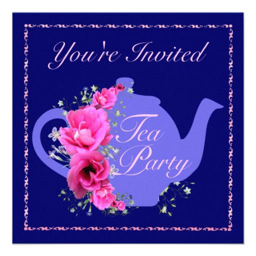 Tea Party Invitations Teapot and Pink Flowers