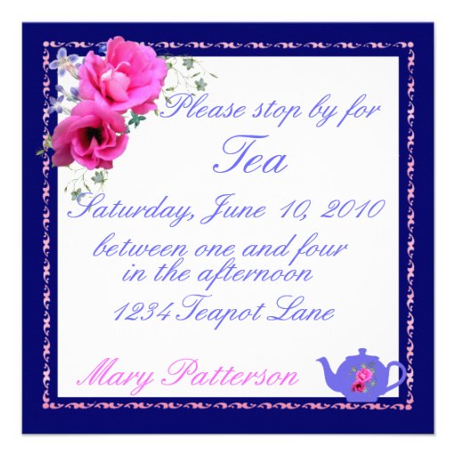 Tea Party Invitations Teapot and Pink Flowers