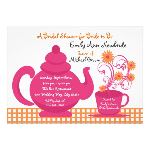 Tea Party Pink and Orange Bridal Shower Invitations