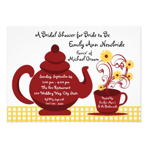 Tea Party Red and Yellow Bridal Shower Custom Invitations