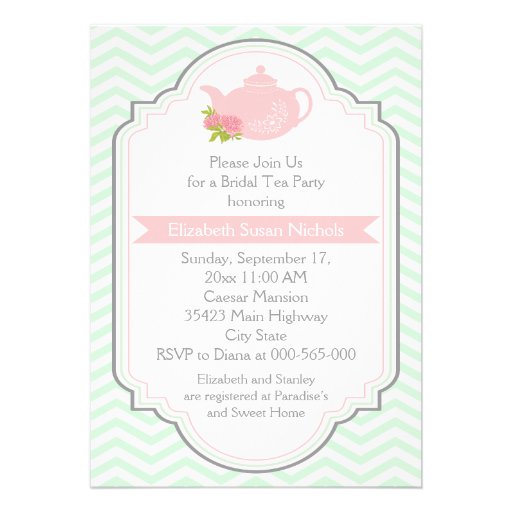 Tea party teapot, chevron pink mint bridal shower invitation