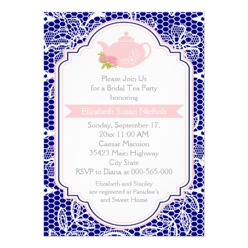 Tea party teapot, lace pink, navy bridal shower invitations