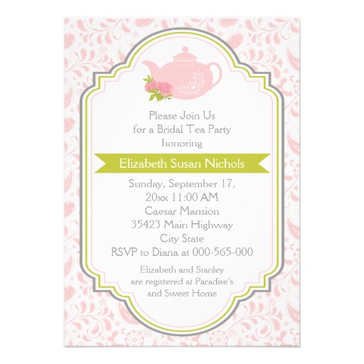 Tea party teapot, paisley pink green bridal shower invites