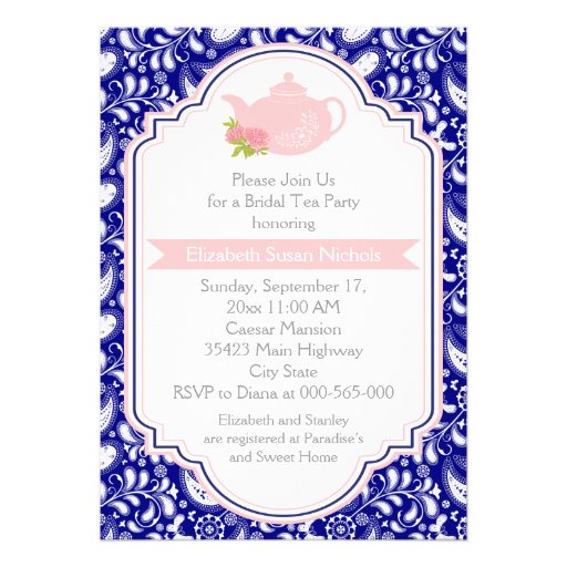Tea party teapot, paisley pink navyt bridal shower invites