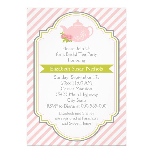 Tea party teapot, stripes pink green bridal shower custom announcements
