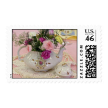 Tea Pot, pink carnations Stamp