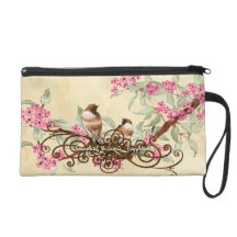 Tea Stain Birds Pink Cherry Blossom Bride's Clutch Wristlet Purses