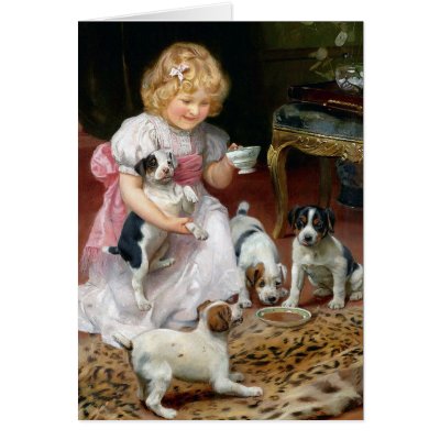 Tea Time for Fox Terrier Puppies Vintage Dog Art Greeting Card
