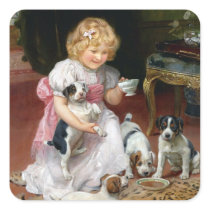 Tea Time for Fox Terrier Puppies Vintage Dog Art Square Stickers