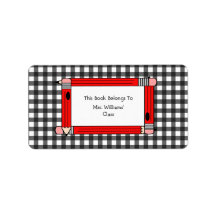 Teacher Bookplate - Gray Gingham & Red Pencils Personalized Address Labels