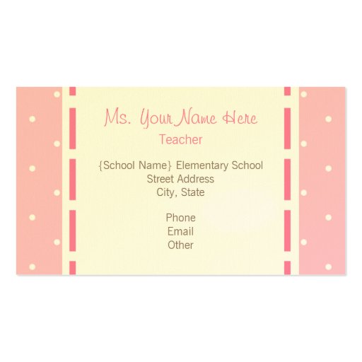 Teacher Business Card - Pink With White Polka Dots (back side)