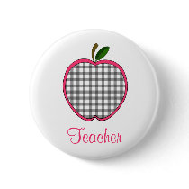 Teacher Button - Charcoal Gray Gingham Apple