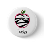 Teacher Button - Zebra Print Apple w Pink Outline