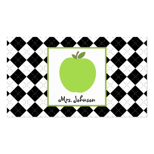 Teacher Green Apple Black Argyle Business Card Templates (front side)