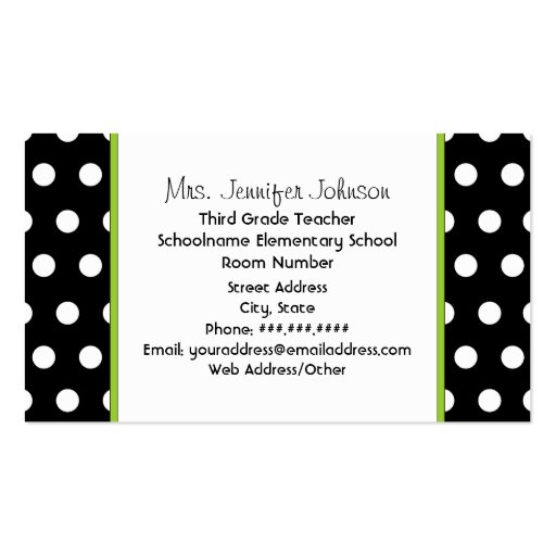 Teacher Green Apple Black With White Polka Dots Business Card Templates (back side)
